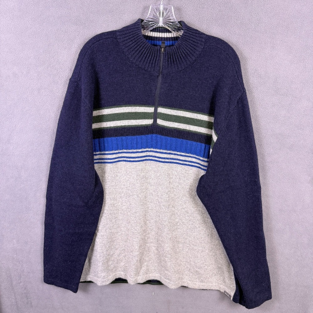 Eddie Bauer Quarter Zip Sweater Mens 2XL Navy Blue Wool Blend Striped Mock Neck